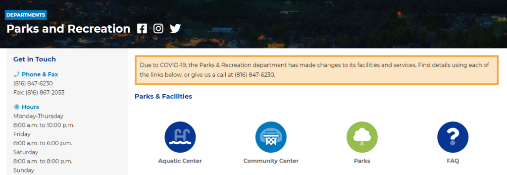 Screenshot of the Parks and Recreation landing page