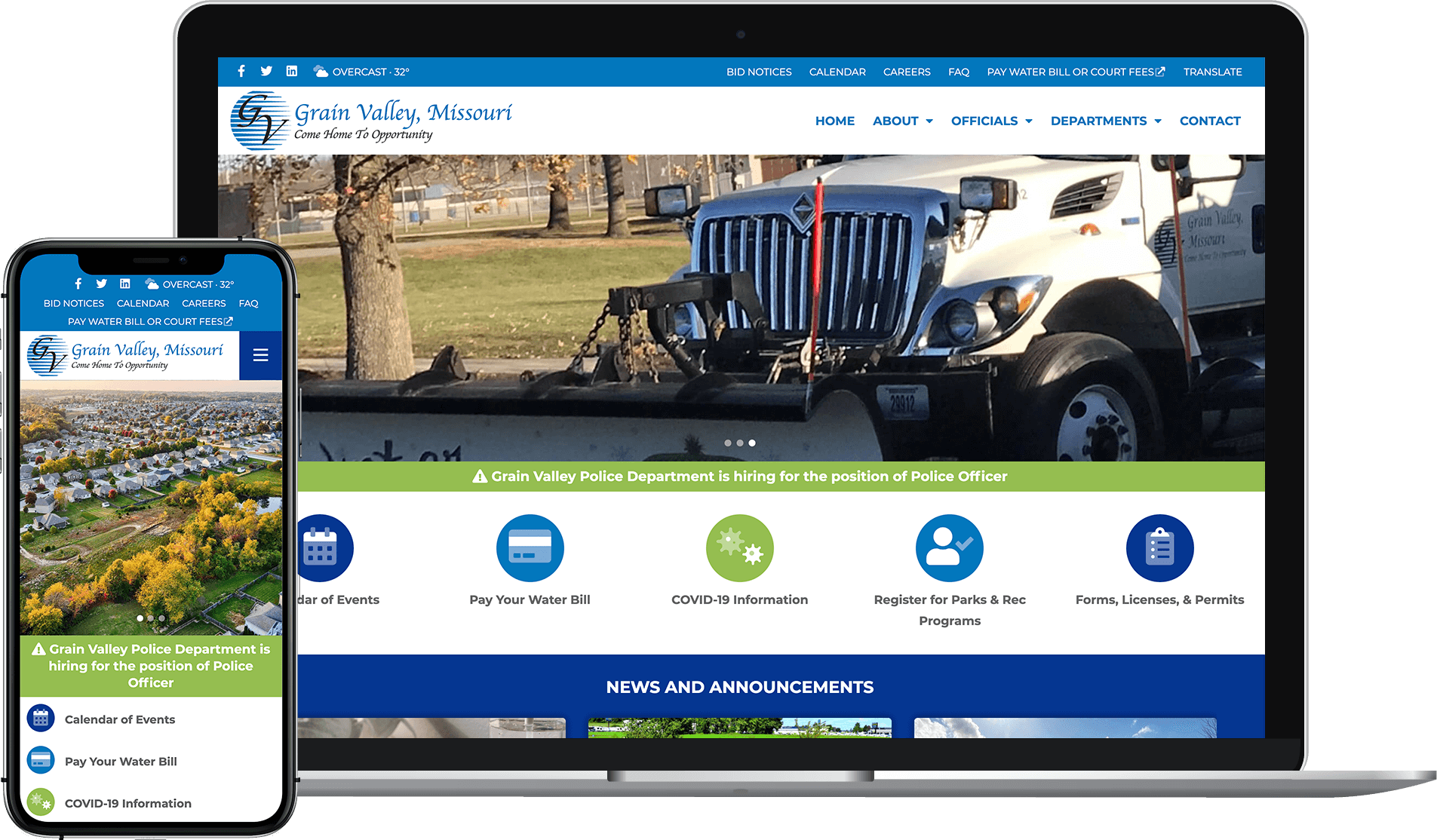 Screenshot of homepage of the City of Grain Valley website on a laptop and mobile device