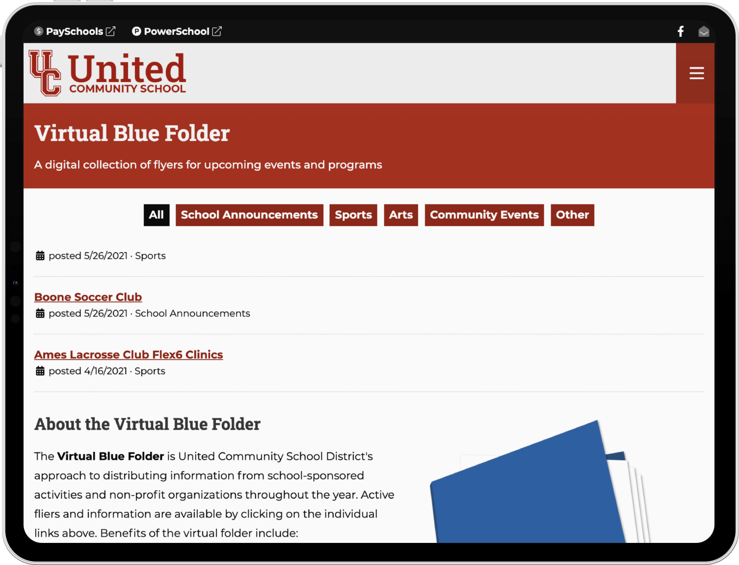 Screenshot of the site's virtual blue folder page on a tablet