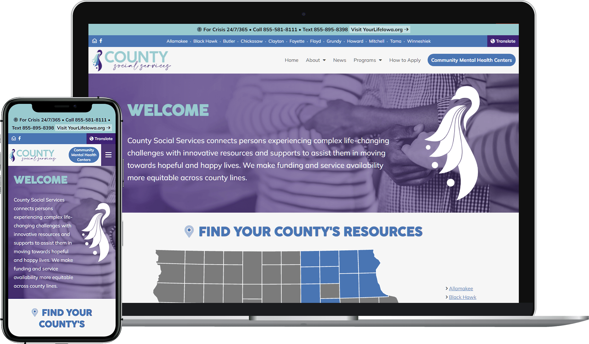County Social Services website homepage on laptop and phone