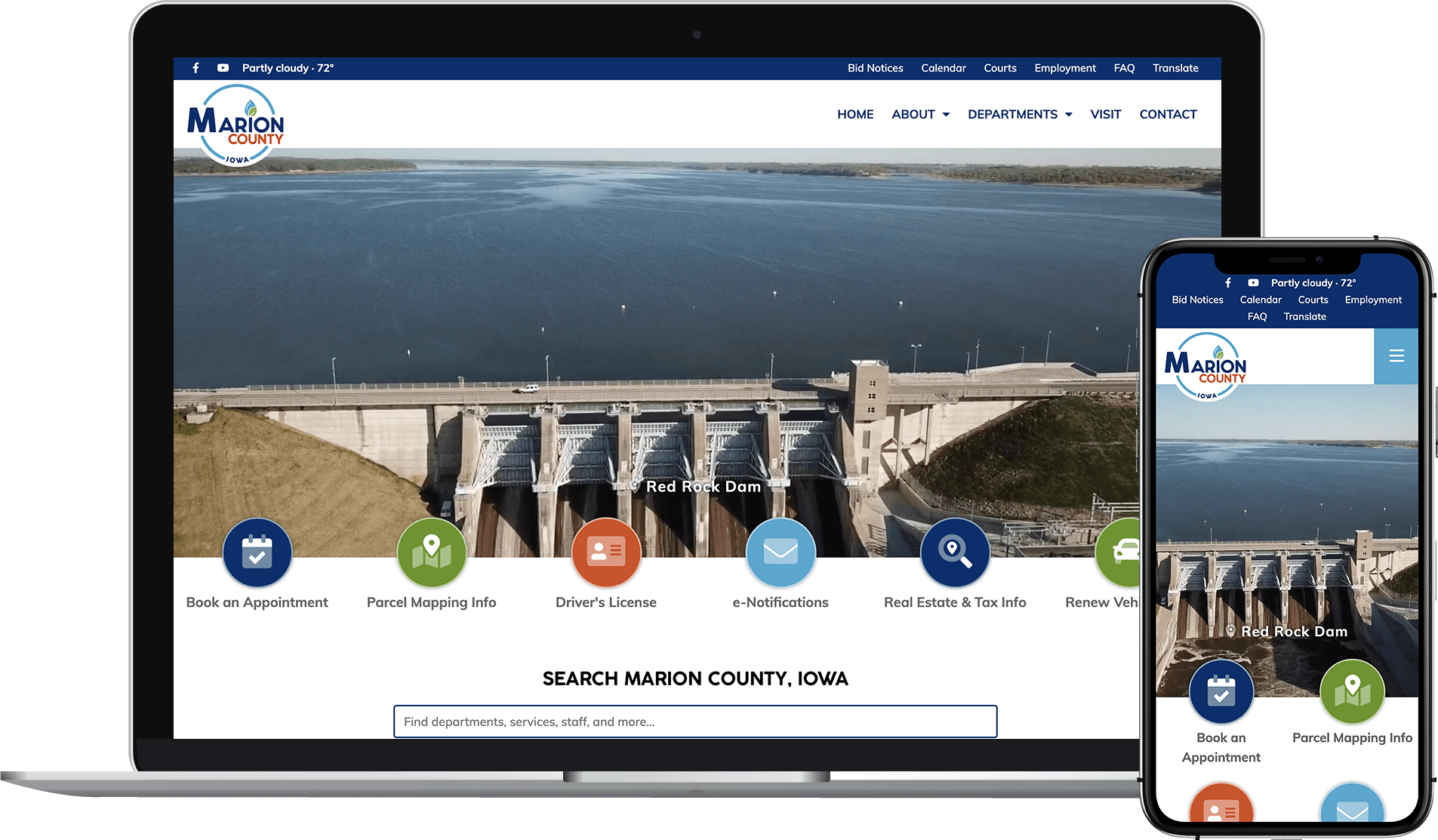 Marion County, Iowa, website homepage on laptop and phone