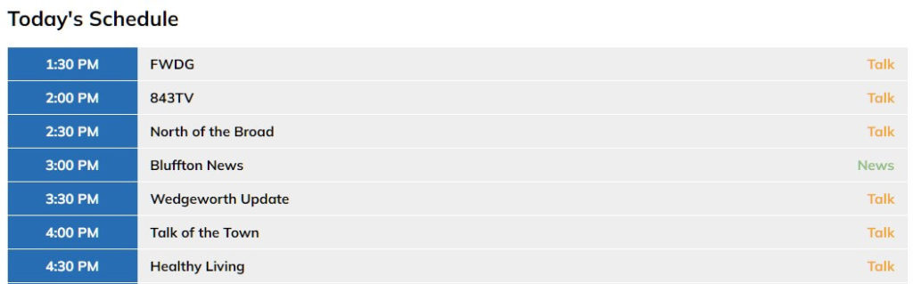 Excerpt of WHHI's program schedule page with show times, name, and type.