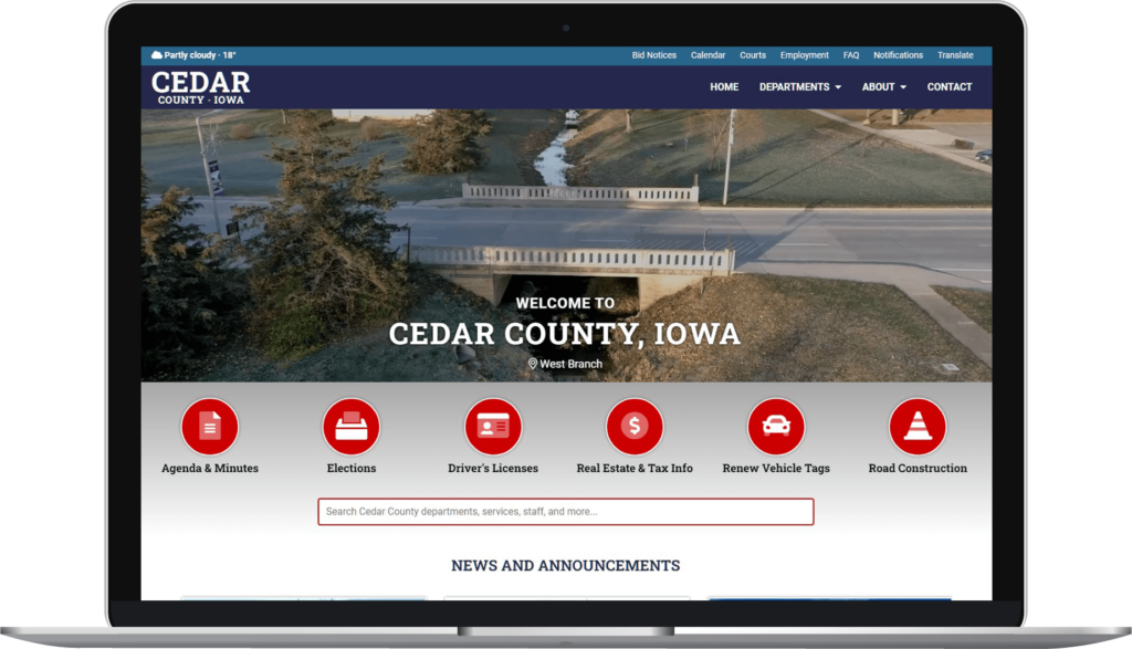 Cedar County website homepage on laptop