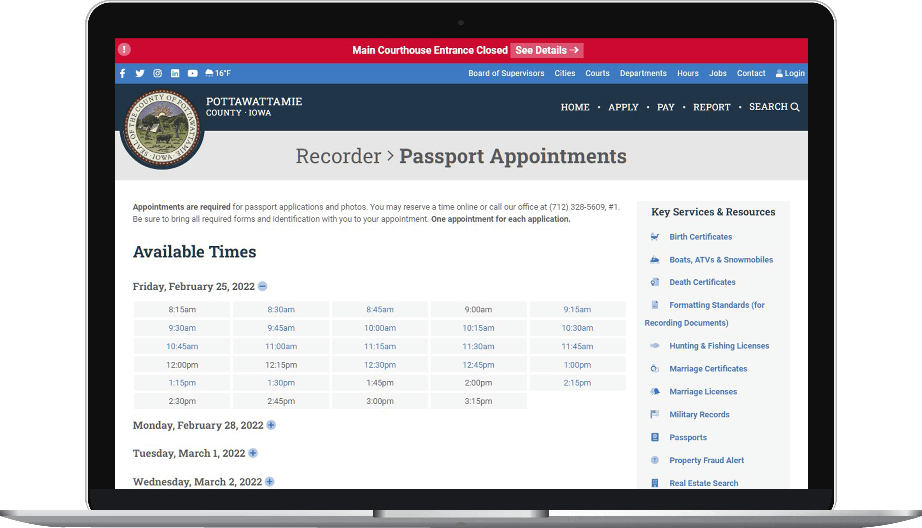 Pottawattamie County Recorder's passport appointment page on laptop