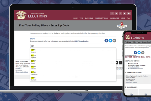 A laptop and mobile view of the Find Your Polling Place feature on the Clinton County, Iowa, Elections website and "Vote" buttons