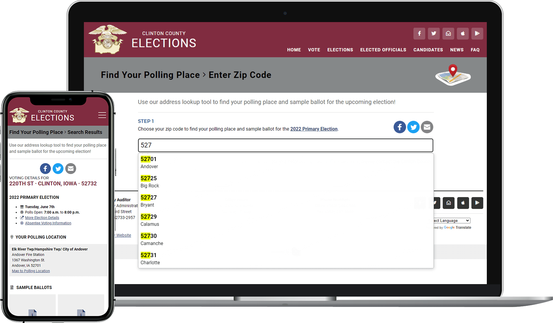 A laptop and mobile view of the Find Your Polling Place feature on the Clinton County, Iowa, Elections website