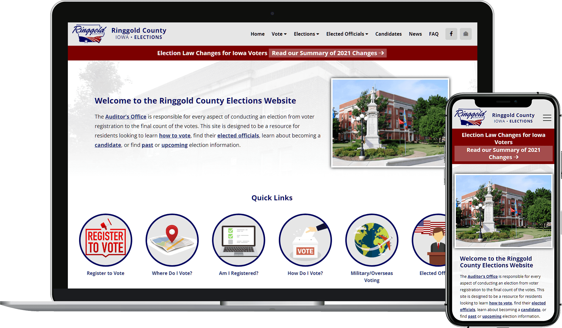 Ringgold County, Iowa, Elections website on laptop and mobile