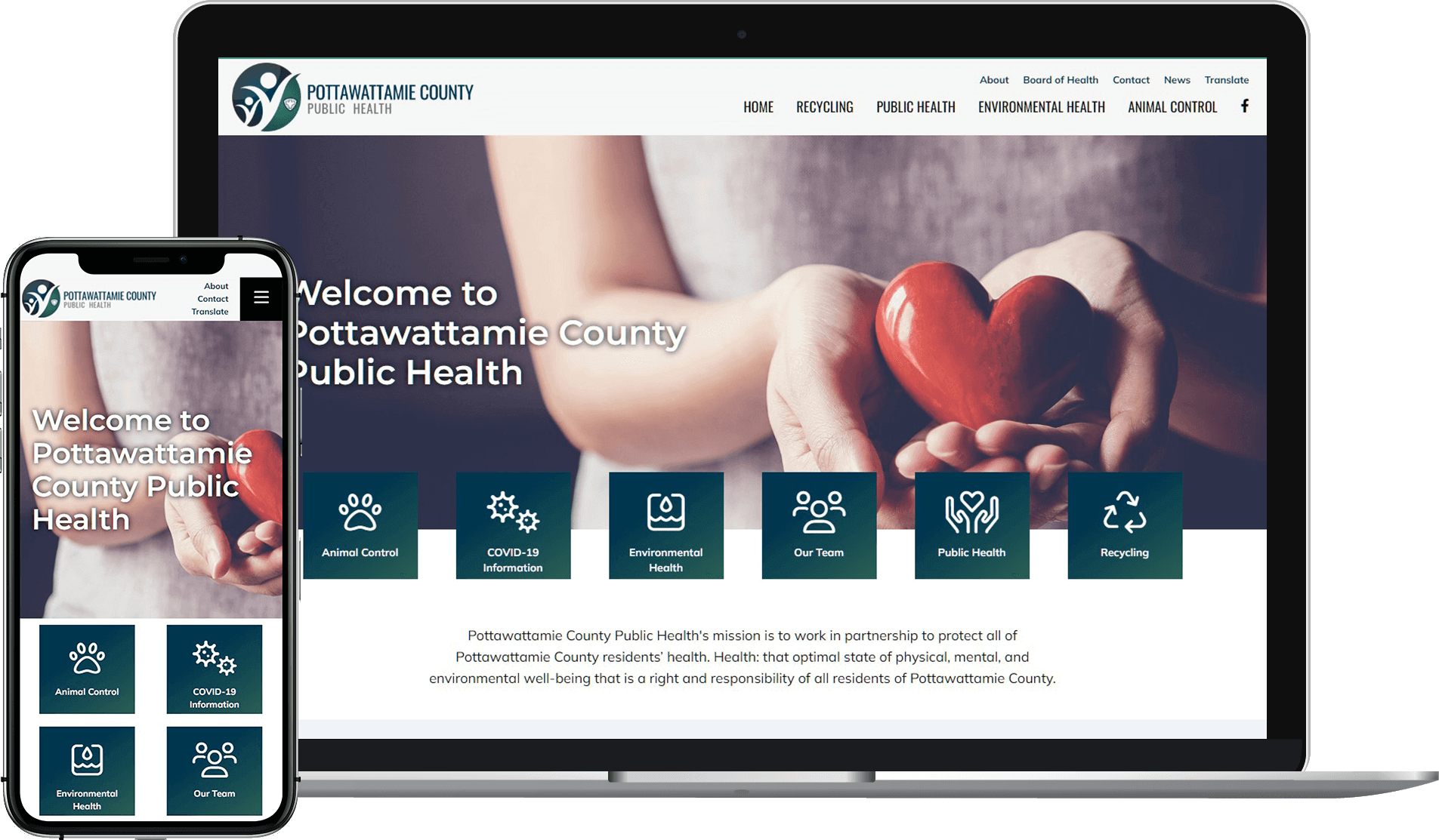 Pottawattamie County Public Health website homepage on mobile and laptop