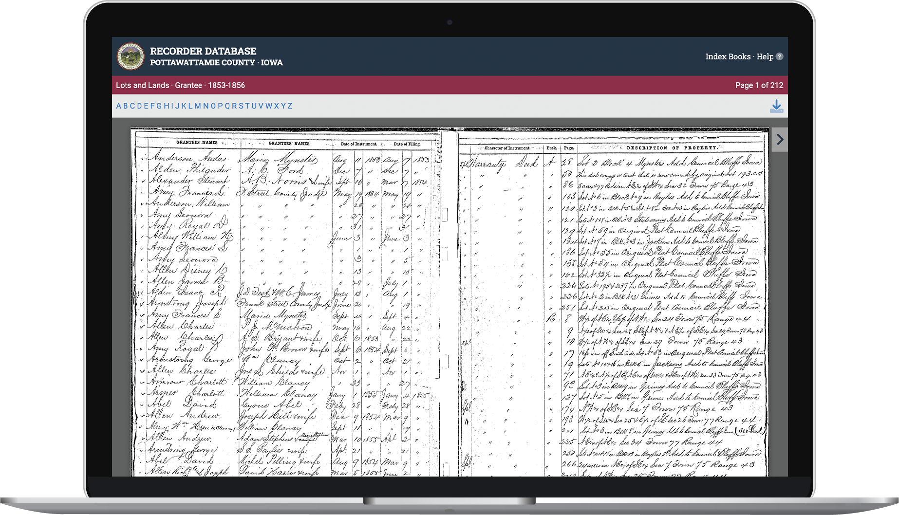 View of index book on Pottawattamie County Recorder Database website.