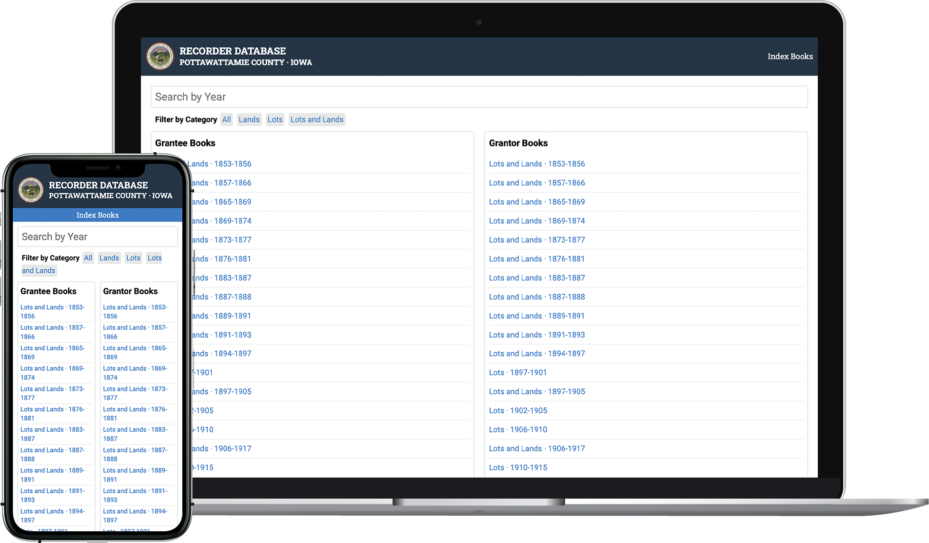 Pottawattamie County Recorder Database website on laptop and mobile.