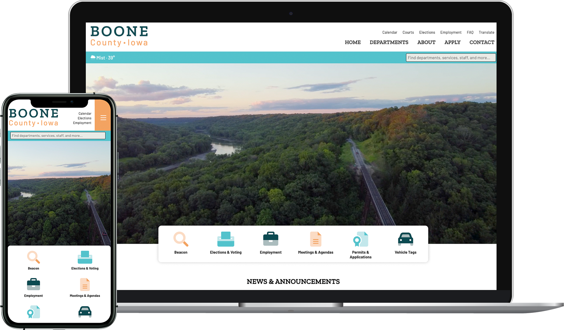 New Boone County, Iowa website on laptop and mobile.