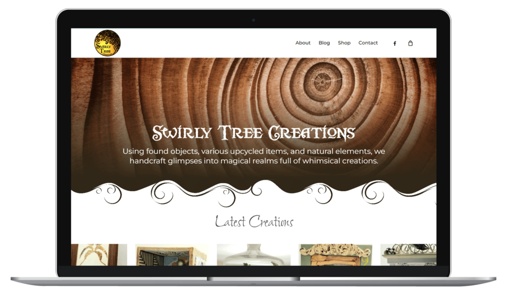 Swirly Tree Creations website homepage on a laptop.