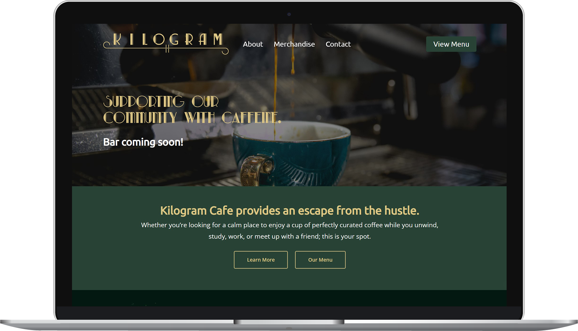 Kilogram Cafe website homepage on laptop.