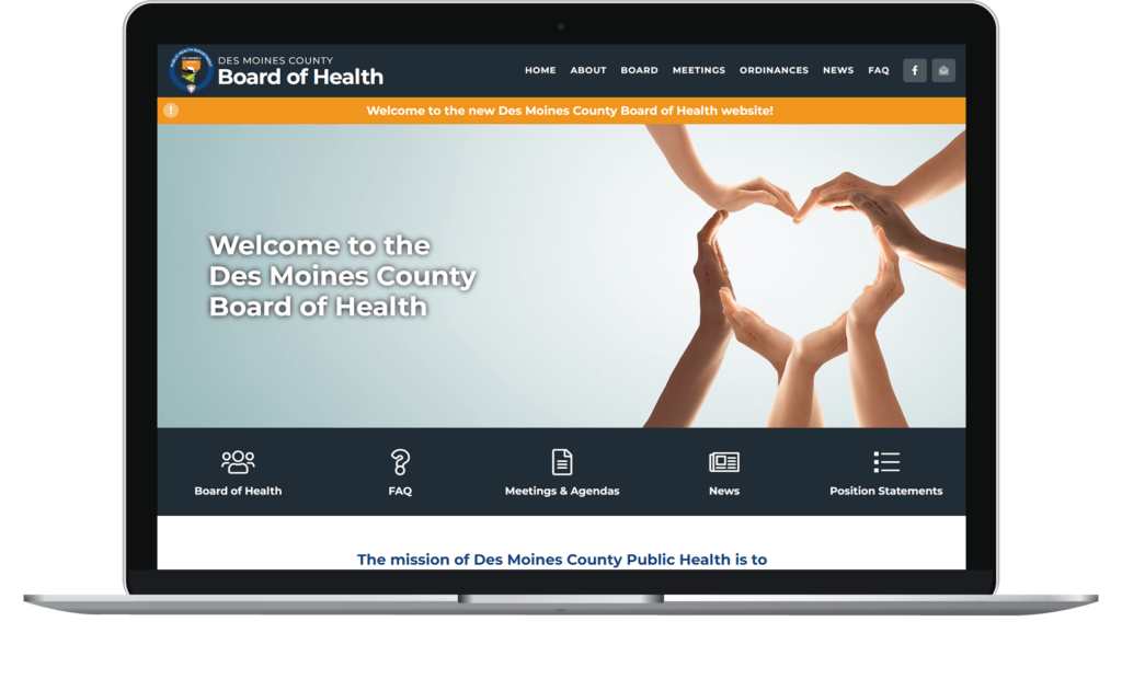 Des Moines County Board of Health website homepage on a laptop.