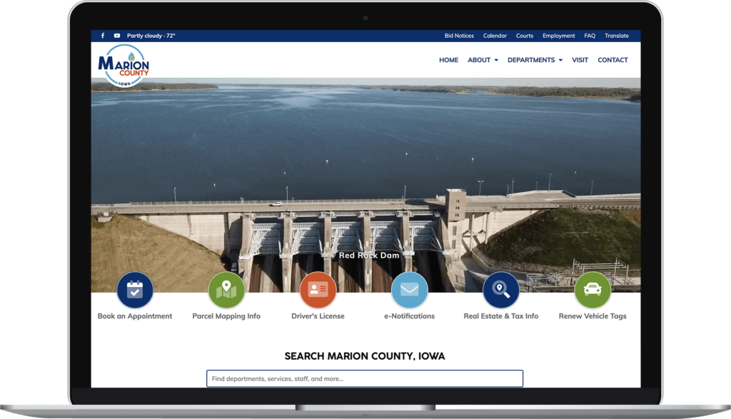 Marion County, Iowa, website homepage on a laptop screen.