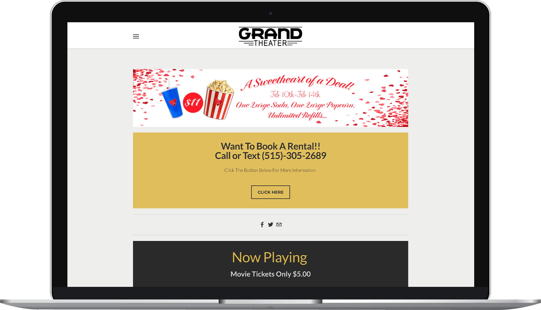 Before shot of the Grand Theater website on a laptop.