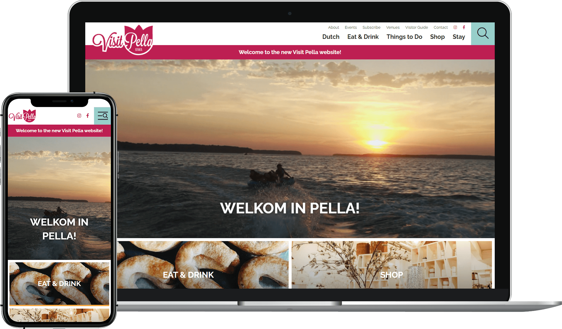 Visit Pella, Iowa, website on laptop and mobile.