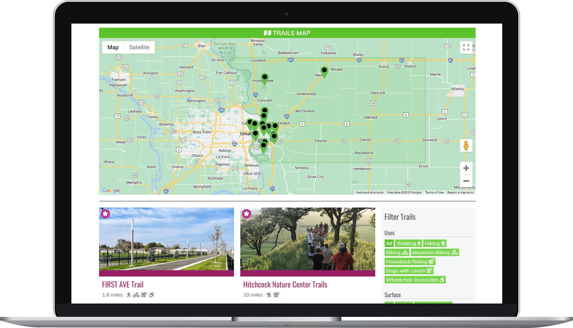 Trails feature and interactive map on the Watta Way to See Pottawattamie County website.