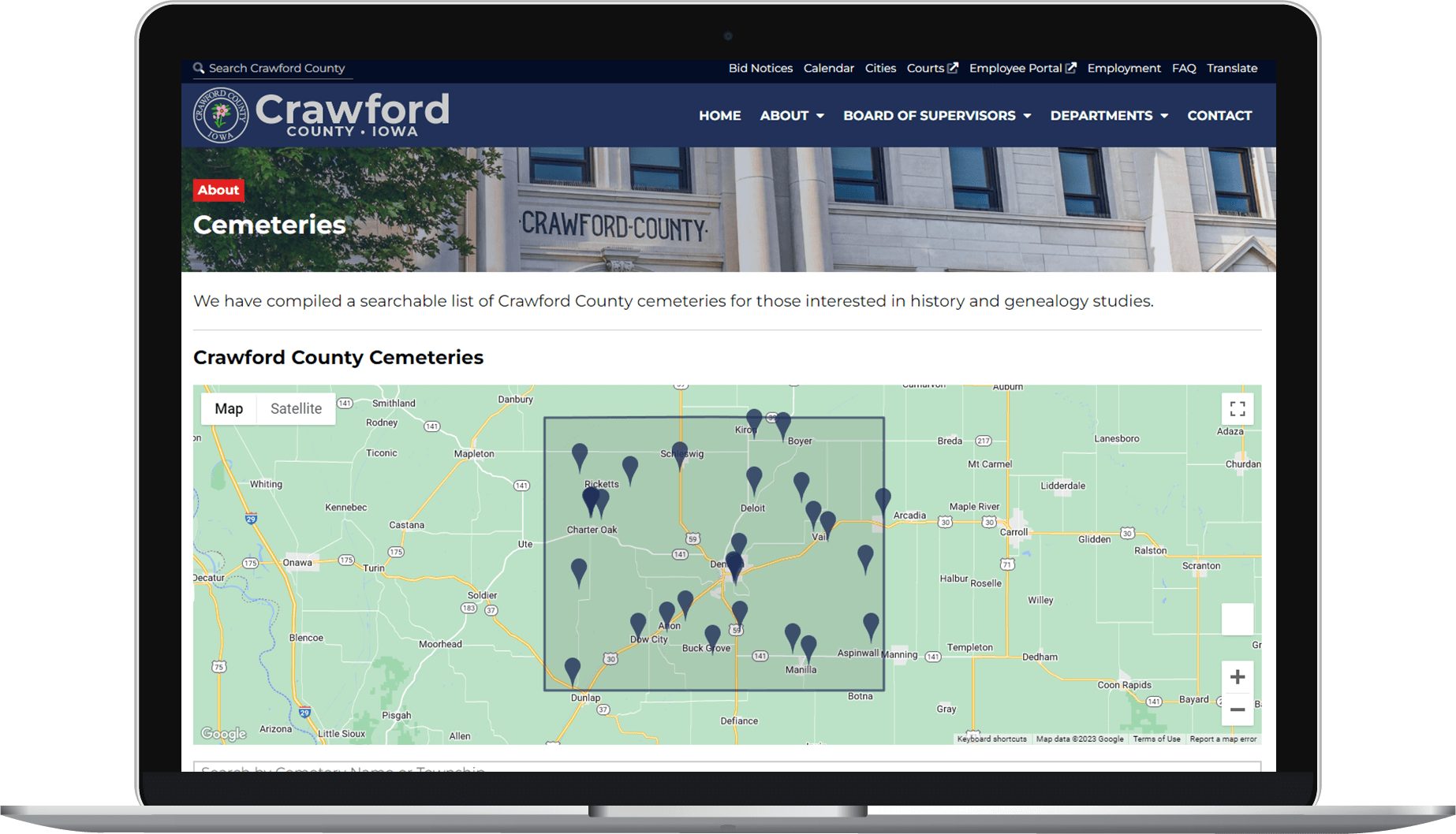 A map of cemeteries on the Crawford County website, viewed on a laptop.