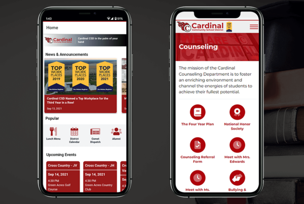 Cardinal CSD App displaying on a phone and a second phone displaying their website's counseling page.