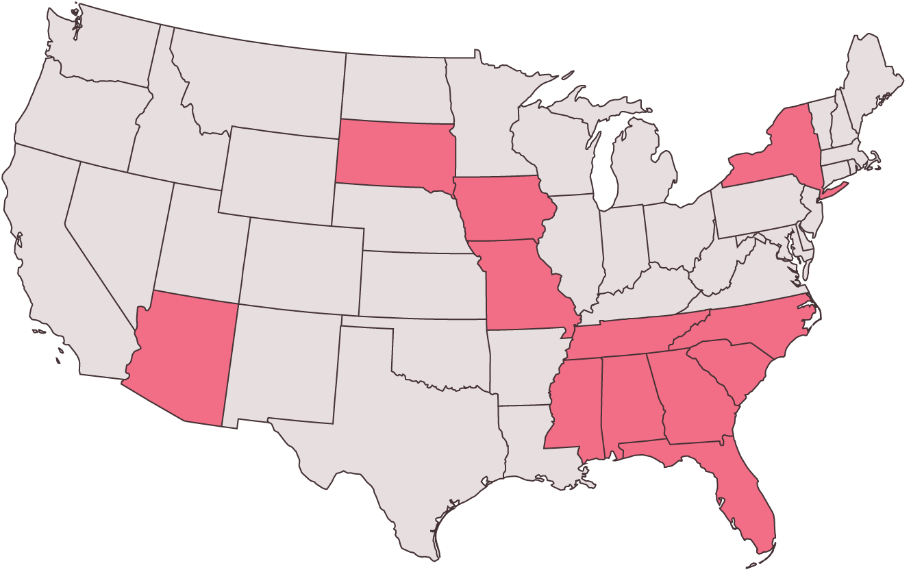 Map of the United States of America, showing the states Neapolitan Labs has clients in (Arizona, South Dakota, Iowa, Missouri, Tennessee, Mississippi, Alabama, Georigia, Florida, South Carolina, North Carolina, and New York.