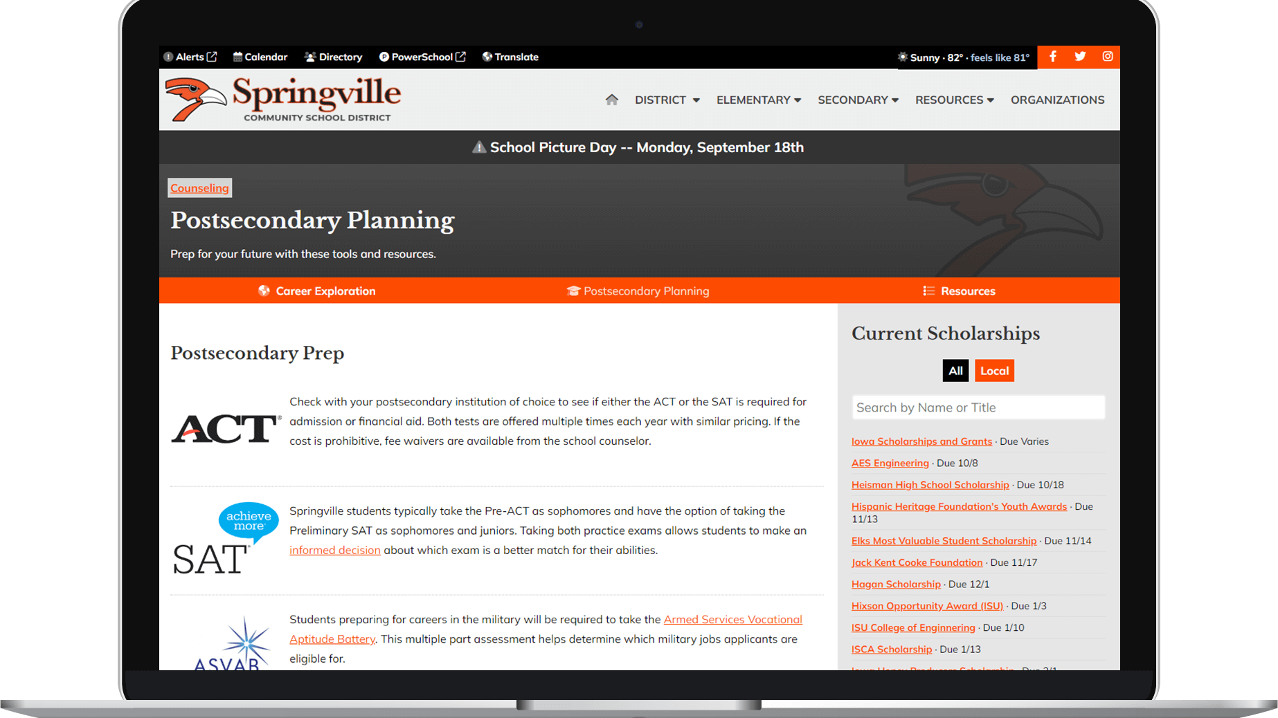 Springville CSD's Postsecondary Planning page, featuring resources and scholarships.