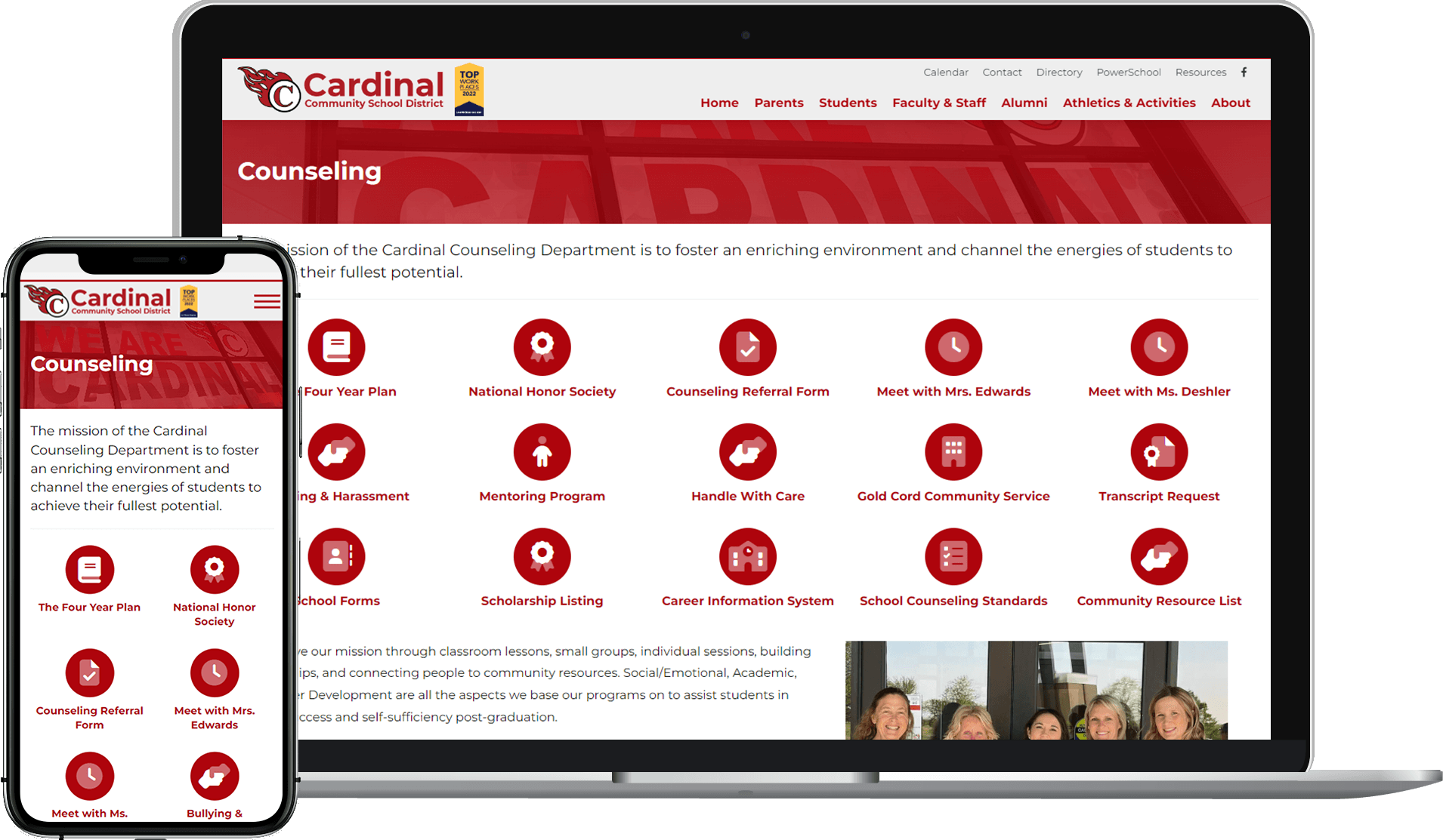 Cardinal CSD's counseling website feature on laptop and mobile.