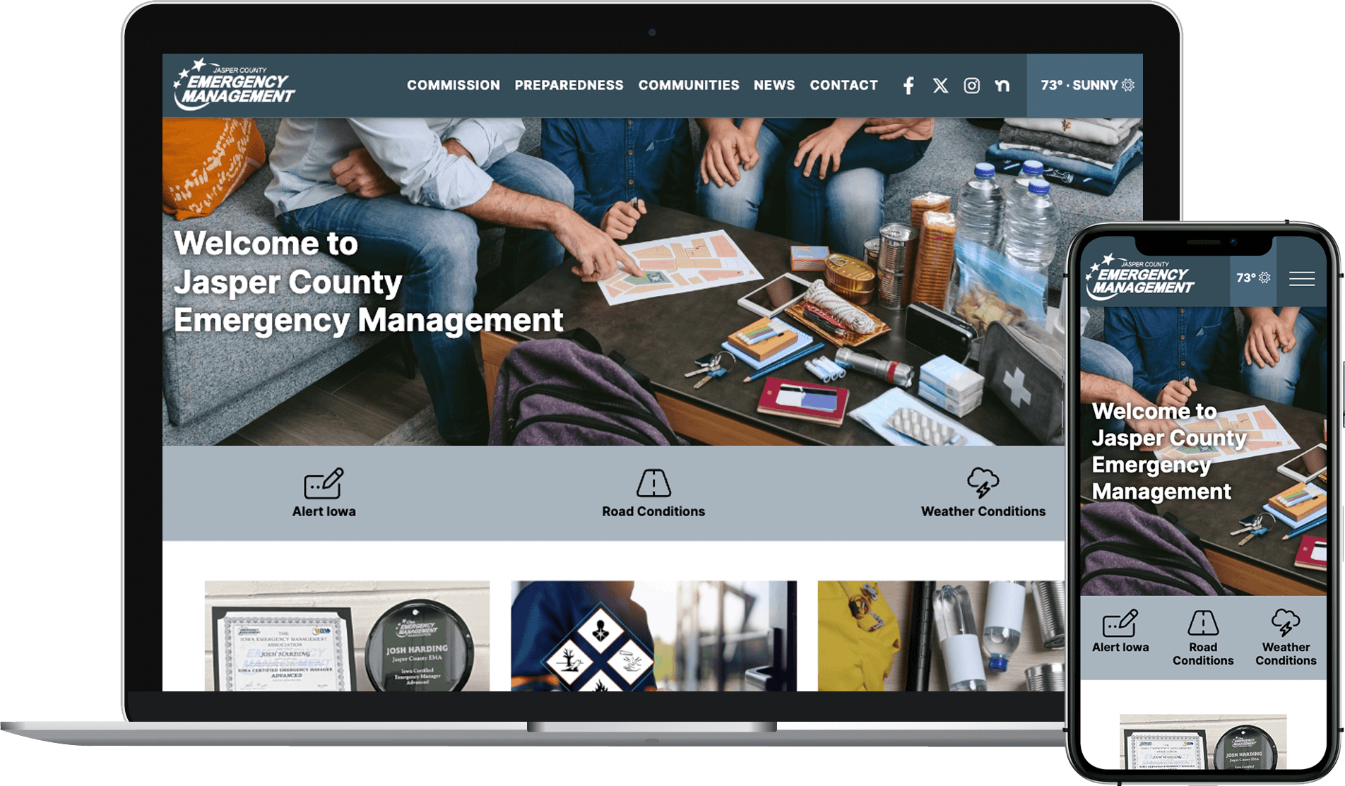Jasper County Emergency Management website homepage displayed on a laptop and phone.