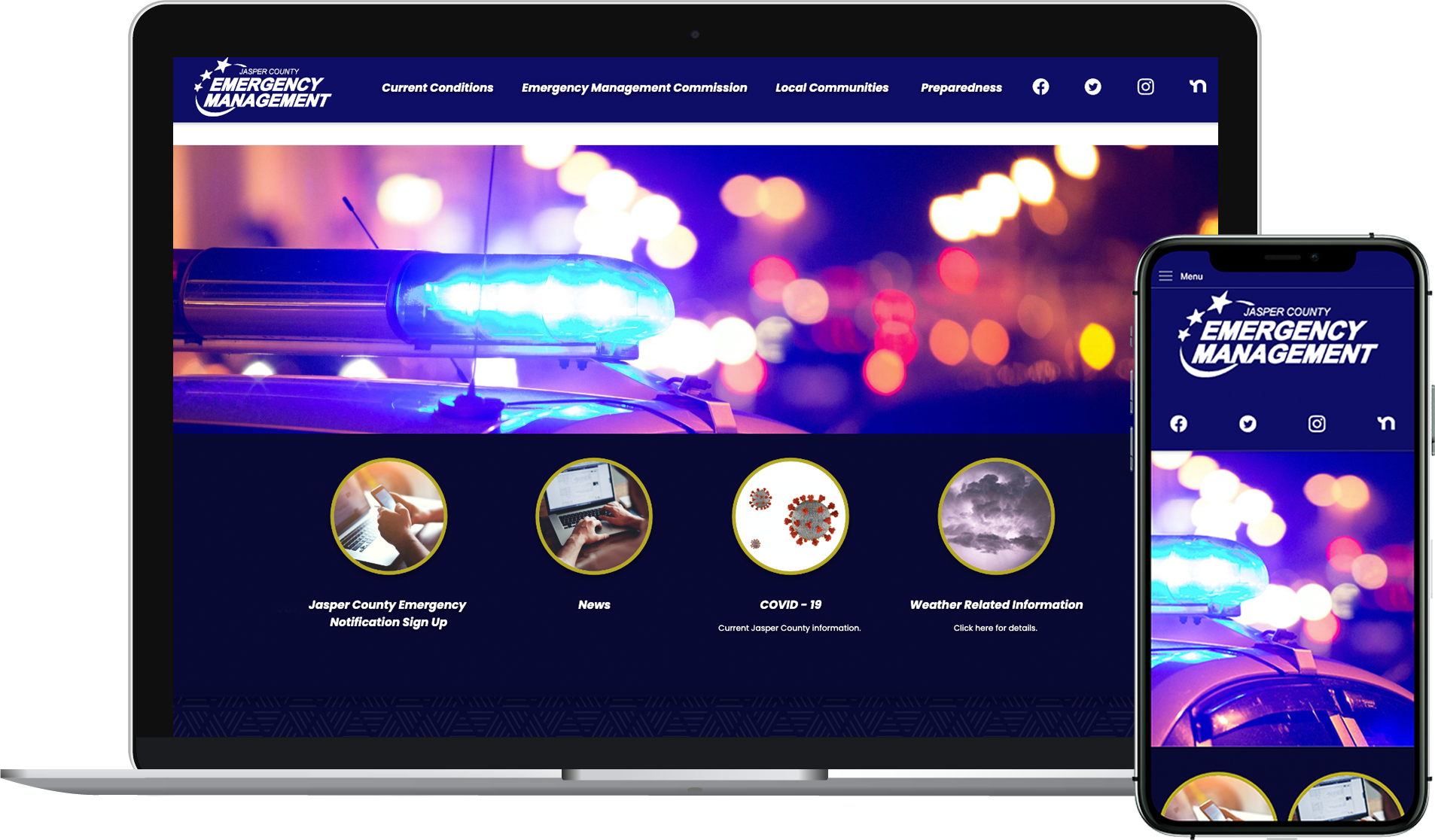 The previous version of the Jasper County Emergency Management website on a laptop and a phone.