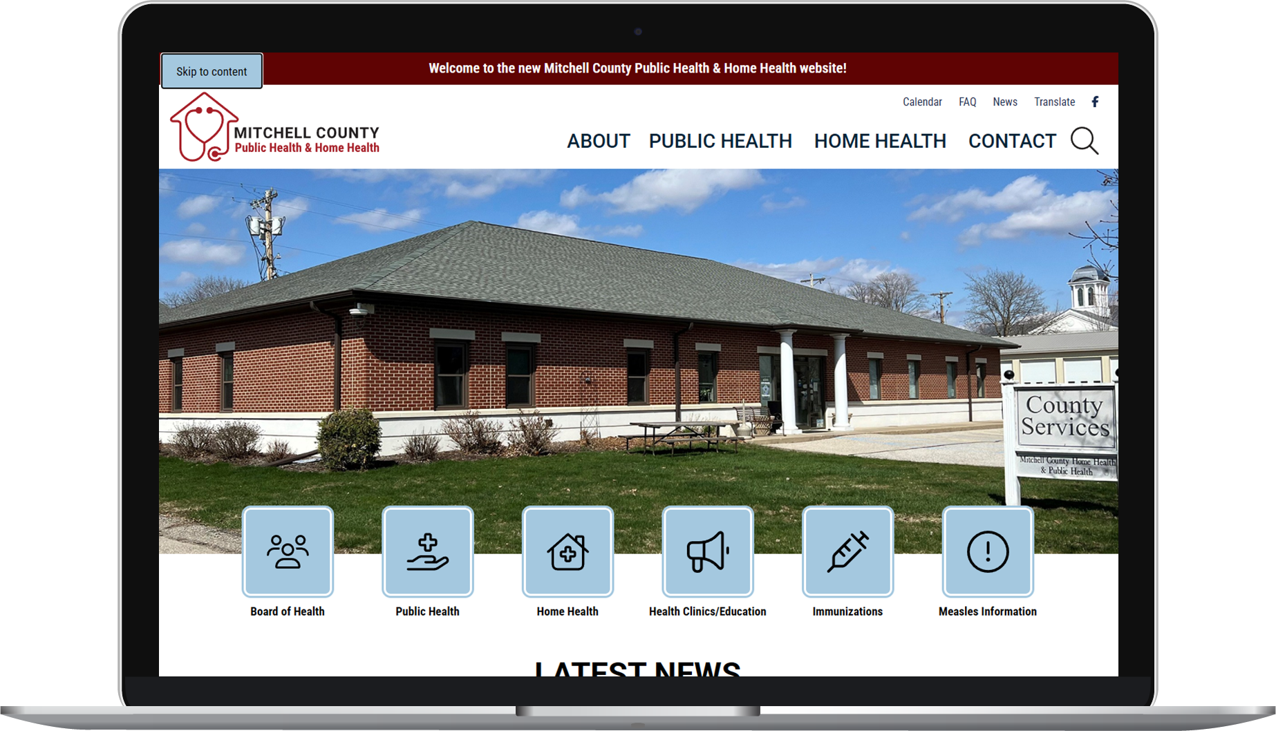 Mitchell County Public Health & Home Health website with a skip to content button open.